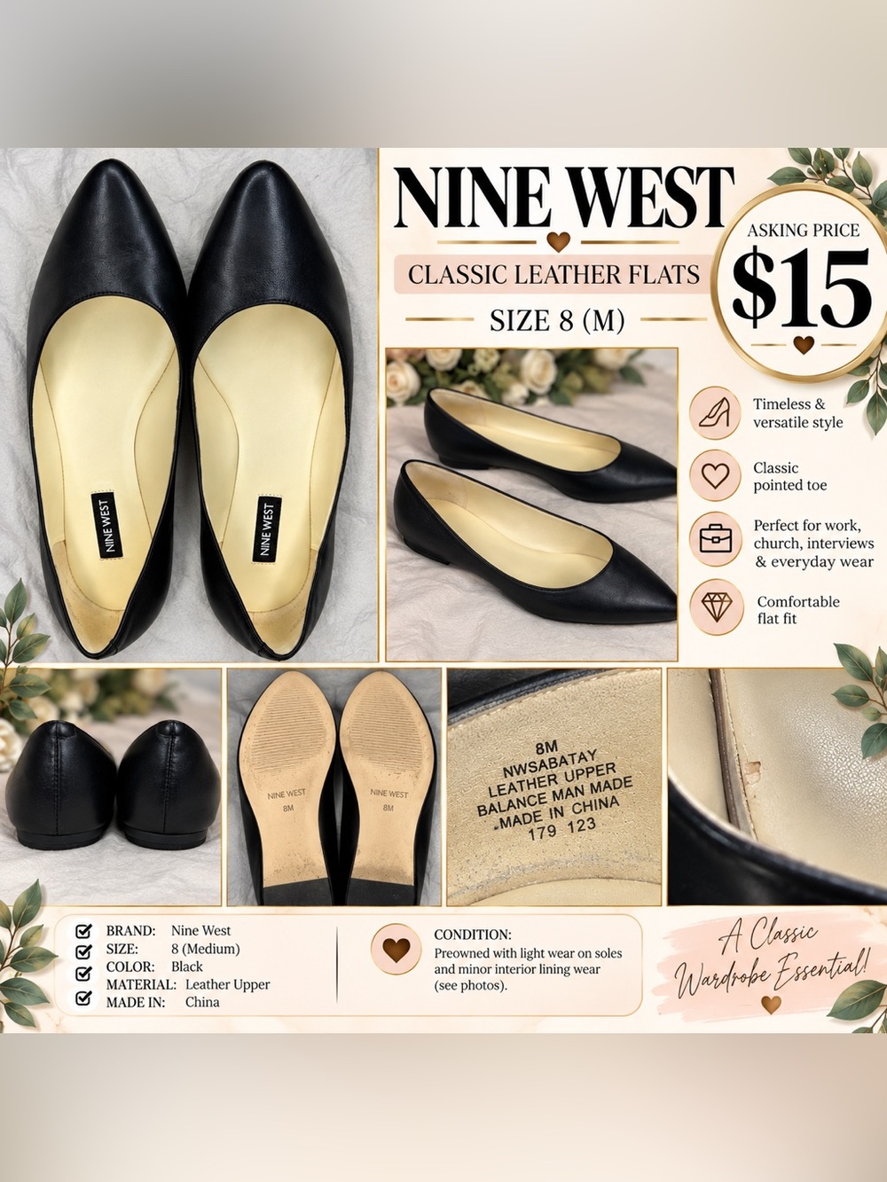 Nine West Classic Leather Flats Pointed Toe Flats in Black US 8 M